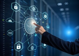 Fingerprint authentication technology unlocking secure data cloud access and data protection concepts within a server room environment