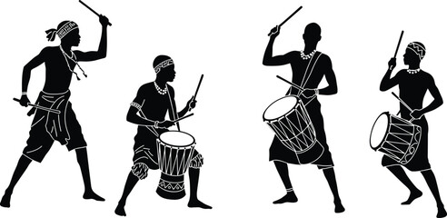 African drummers playing traditional drums, black silhouette vector illustration, cultural music performance, rhythmic dance art, ethnic percussion players, festival celebration scene clipart