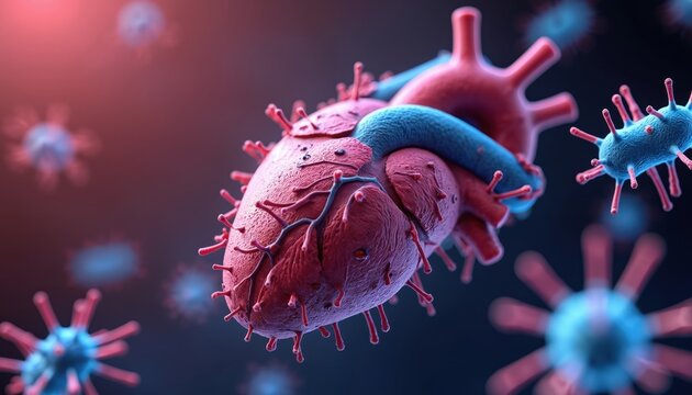 Microscopic 3D illustration of human heart infected with bacteria, visualizing endocarditis effects. Shows heart anatomy with numerous pathogens, severe bacterial infection, danger to cardiovascular