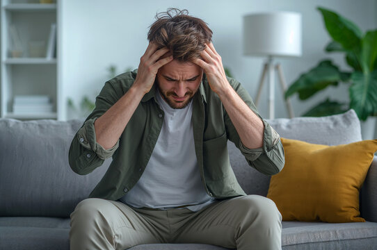 Overwhelmed man struggles with anxiety, severe headache, depression, and profound mental health challenges at home.