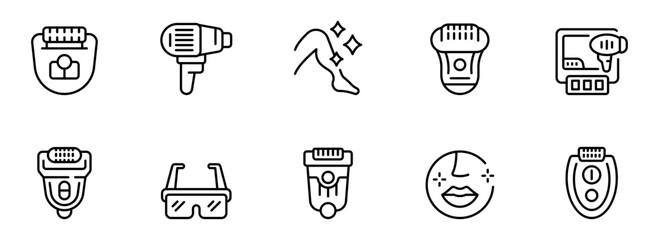 Modern Line Art Icons: Hair Removal Devices, Skincare Tools, and Beauty Treatments for Smooth Skin.