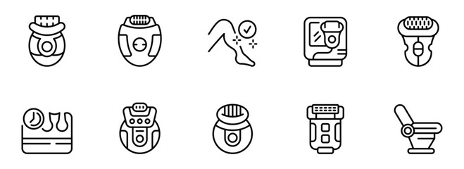 Collection of Modern Minimalist Line Art Icons: Electric Epilators, Hair Removal Devices, Smooth Skin, Beauty Technology, and Time-Saving Solutions for a Sleek and Efficient Personal Care Routine.