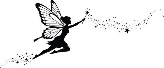 Silhouette fairy flying with magical wand and sparkling stars, fantasy illustration, mystical creature art, black and white vector design © Zahid Creatives