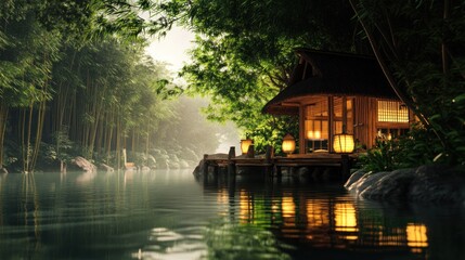 Obraz premium Peaceful wooden house by river in forest