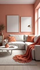 Cozy living room features soft coral walls with framed artwork. White furniture, plush sofa, stylish coffee table, accent pillows, throw create warm, inviting modern ambience. Natural light fills