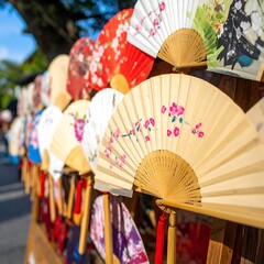 A vibrant display of traditional hand fans showcases intricate craftsmanship and artful designs