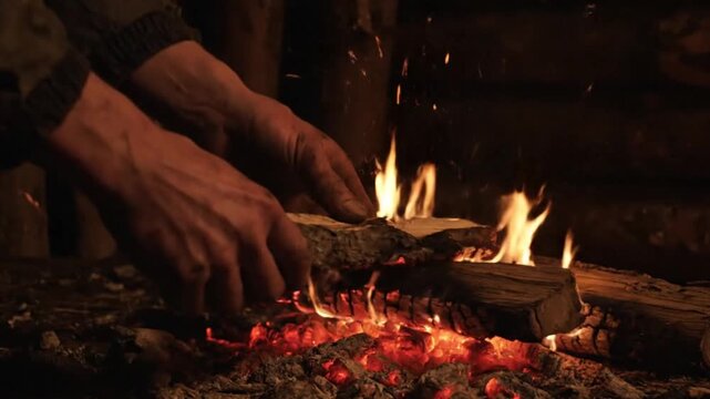 Hands Placing Firewood on Glowing Embers in Rustic Cabin