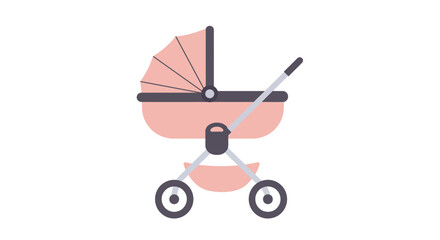 A modern pink baby stroller illustration. Simple flat vector icon of a pram for a newborn, isolated on a white background.