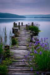 Fototapeta premium Serene Lakeside Scenery with Weathered Wooden Pathway