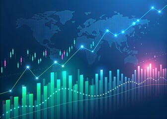Abstract financial illustration presenting a global stock market analysis with colorful charts and graphs over a world map background in blue
