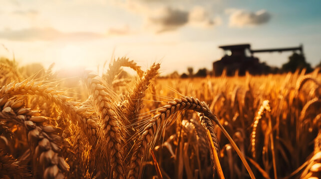Golden wheat field at sunset with combine harvester in the background for agriculture and food industry themes