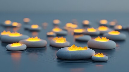 Illuminated stones on water surface.