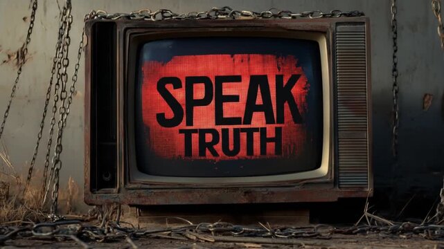 Old television displaying speak truth in bold red letters against dark background