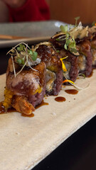 Grilled meat skewers served in restaurant