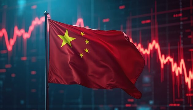 China flag flutters against backdrop of falling stock market graph. Digital technology trend shows economic downturn, financial crisis. Business, investment data displays negative growth, indicating