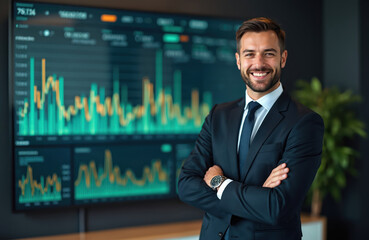 Confident financial product manager in suit stands arms crossed before screen with stock market charts. Displays success, strategy, market analysis. Modern office backdrop with plant.