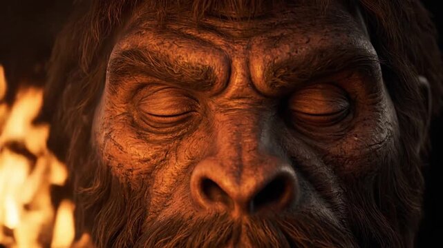 Primitive caveman face blinking eyes in the glow of a fire. Ideal for historical or anthropological videos.