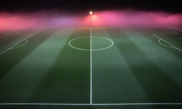 Empty Soccer Field at Night Under Pink Fog Lights
