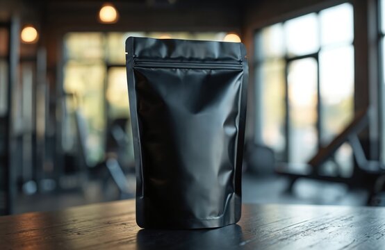 Sleek black packaging design for fitness products. Matte finish pouch ideal for supplements, protein powder, or health foods. Its minimalist, modern look suits gym, sport, and wellness brands.