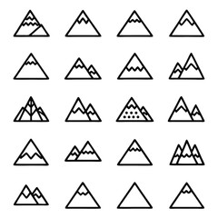 Set of Mountain Icons in Outline Style on White Background peak range