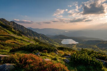 Fototapeta premium Serene Mountain Valley Under a Sunny Sky