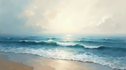Fototapeta premium Serene Ocean Waves Crashing on a Sandy Beach at Sunset (Generative AI)