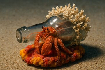 A hermit crab looking out from its home in a coral-covered glass bottle