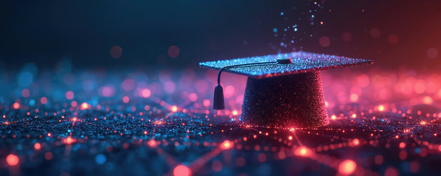 Futuristic graduation cap hovers over glowing network data points, advancement in online education, e-learning. Represents academic achievement, digital learning platforms, futuristic university