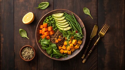 Top view of a buddha bowl with vegetables and quinoa on a dark wooden surface near cutlery