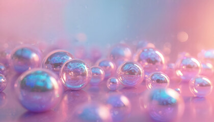 Holographic bubbles background features pink, purple, blue iridescent spheres with glossy, shiny surfaces. Abstract 3D render with pastel neon gradient texture, creating dreamy, glowing, reflective
