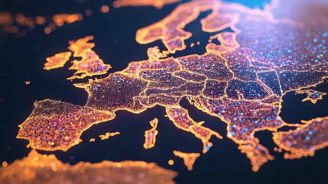 Vibrant map of European countries with orange highlights on a black surface, emphasizing the distinctiveness and unity of Europe.