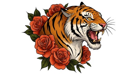 Roaring tiger head surrounded by bold orange roses, classic tattoo design.