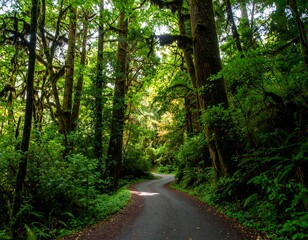 Obraz premium Winding road through lush, green temperate rainforest