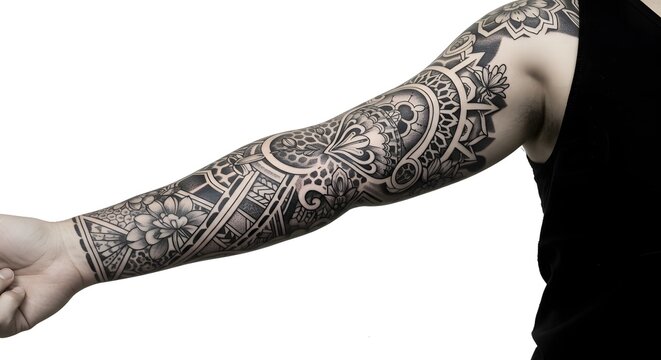 Intricate full sleeve tattoo in blackwork style, featuring ornate patterns and floral details.