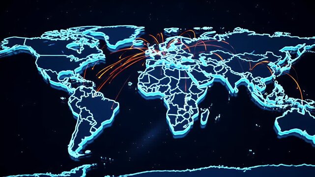 Illuminated World Map on Dark Blue Backdrop with Central Network Connections