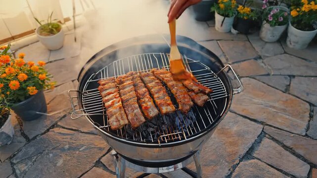 Summertime cooking as a person bastes a rack of ribs on a barbecue grill in the backyard