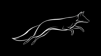 Fototapeta premium Simple white line drawing, logo depicting the silhouette of a jumping fox, black background