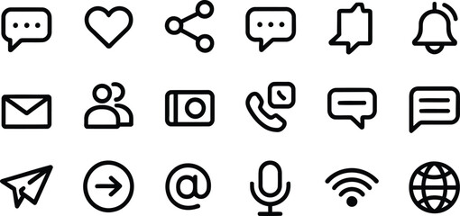 Communication and Social Media Line Icons: A Vector Set of Symbols for Chat, Share, Like, Email, Notifications, and Network