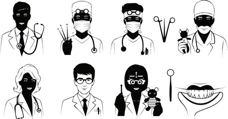 Create a kinds of deferent people doctor, business, businessman, person, boy, fashion, silhouette, symbol, suit, woman, drawing, character, shirt, vector art with white background.