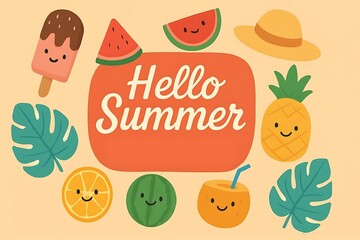Cute summer illustration with smiling fruits, ice cream, and &ldquo;Hello Summer&rdquo; text on colorful background