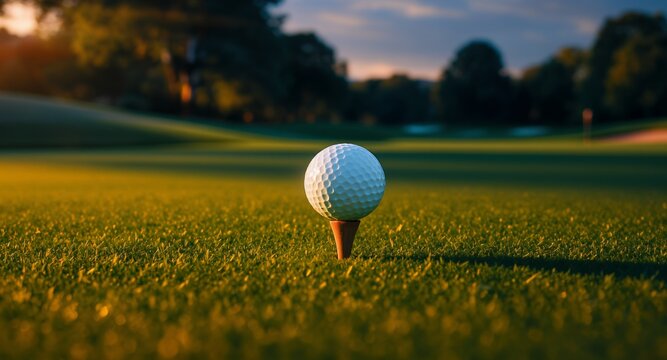 Golf Ball on Tee at Sunset Ready for the Perfect Drive