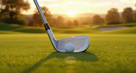 Golf Club and Ball on Lush Green Fairway at Sunset