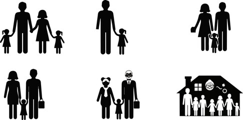 Create a kinds of deferent Family icon vector art silhouette with white background.