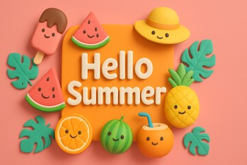 Obraz premium Cute summer illustration with smiling fruits, ice cream, and “Hello Summer” text on colorful background