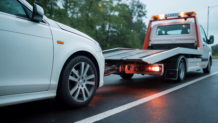 Broken Down Vehicle Being Towed on a Wet Roadside Assistance Service Flatbed Truck Emergency Situation Roadside Support Recovery Transport and Help