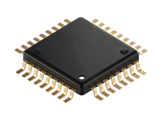 Black integrated circuit chip with gold pins on a black and white background microchip isolated on a transparent background