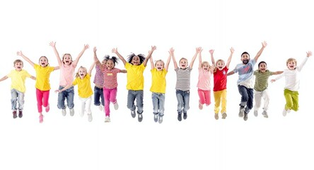 Obraz premium Happy Children Jumping with Joy on White Background