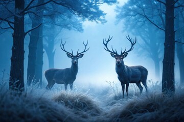Obraz premium Majestic Deer in a Mystical Blue Forest