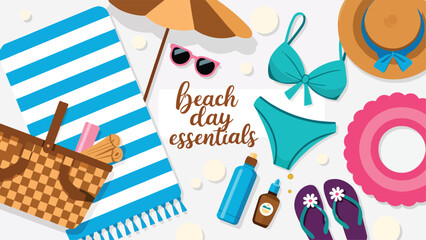 Flat lay of beach day essentials on a sandy background, including a blue and white striped towel, picnic basket, turquoise bikini, straw hat, sunglasses, sunblock, sandals, and an inflatable ring for 
