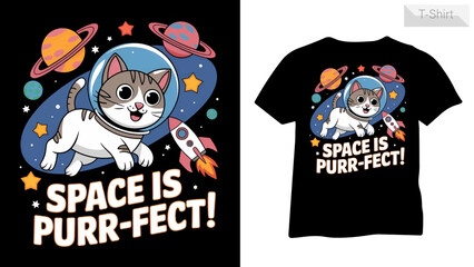 "Space is Purr-fect &ndash; Cute Astronaut Cat with Planets and Rocket T-Shirt Design"